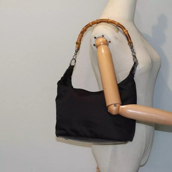 GUCCI Bamboo Shoulder Bag Nylon Black Silver - Picture 1 of 16